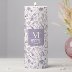 Lavender Purple Watercolor Floral Flowers Pattern Pillar Candle