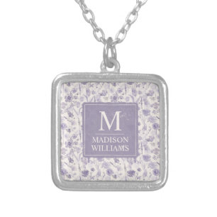 Lavender Purple Watercolor Floral Flowers Pattern Silver Plated Necklace