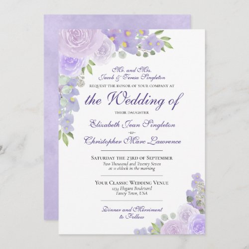 Lavender Purple Watercolor Floral Formal Wedding Invitation
