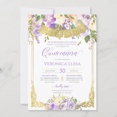 Lavender Purple Watercolor Floral Gold Quinceanera Invitation