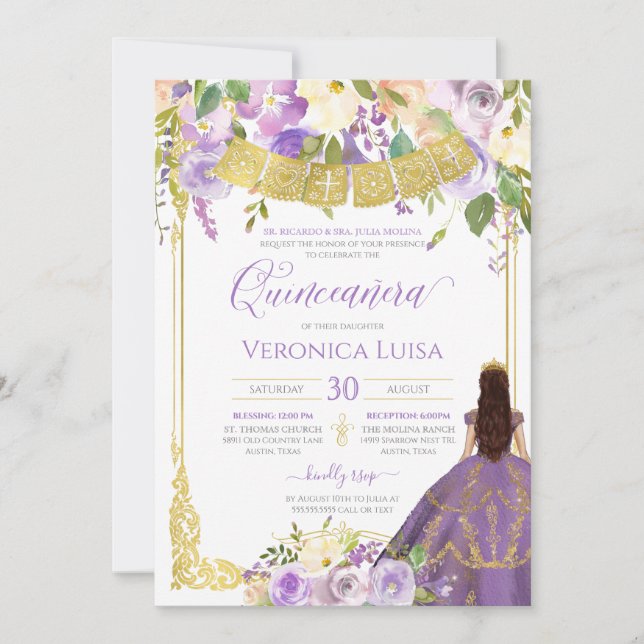 Lavender Purple Watercolor Floral Gold Quinceanera Invitation (Front)