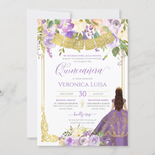Lavender Purple Watercolor Floral Gold Quinceanera Invitation