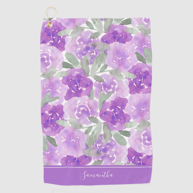 Lavender Purple Watercolor Floral Personalized Golf Towel (Front)