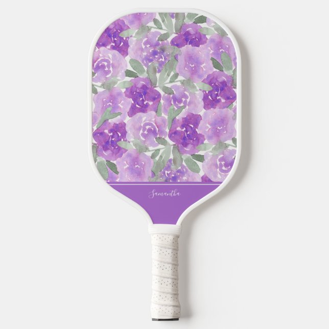 Lavender Purple Watercolor Floral Personalized Pickleball Paddle (Front)