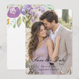 Lavender Purple Watercolor Floral Photo Save the D Date