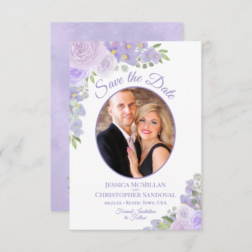 Lavender Purple Watercolor Floral  Photo Wedding Save The Date