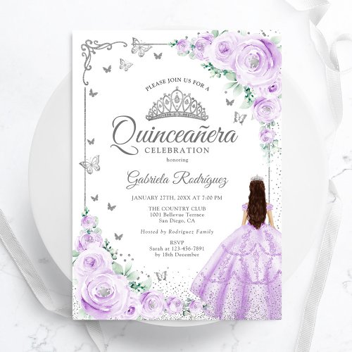 Lavender Purple Watercolor Floral Quinceanera Invitation