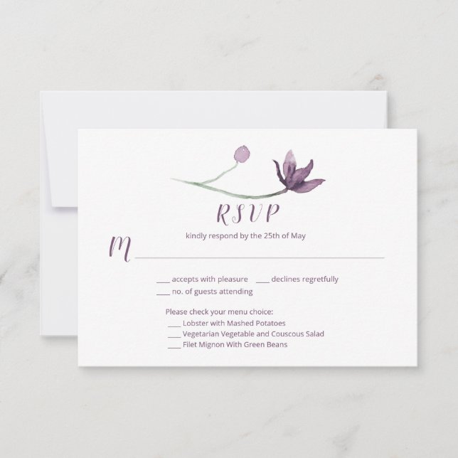 Lavender Purple Watercolor Floral RSVP Menu Choice (Front)