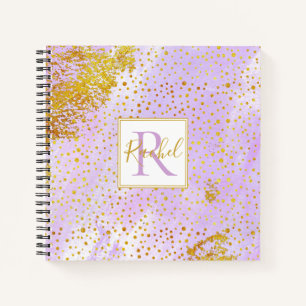 Lavender purple watercolor, gold confetti monogram notebook