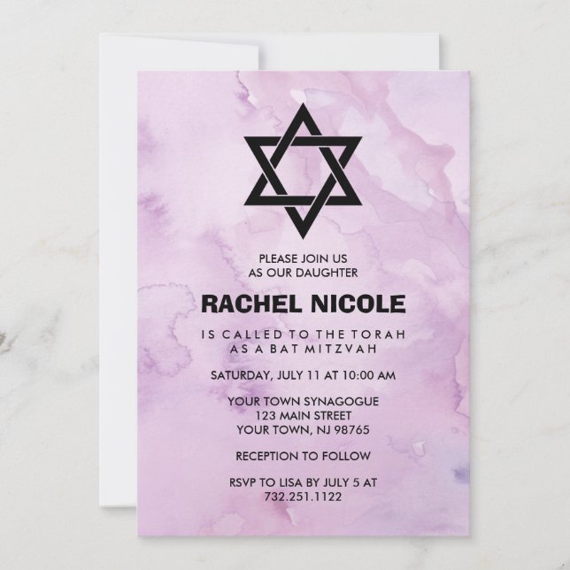 Lavender Purple Watercolor Look Bat Mitzvah Invitation (Front)