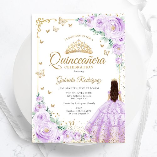 Lavender Purple Watercolor Roses Gold Quinceanera Invitation