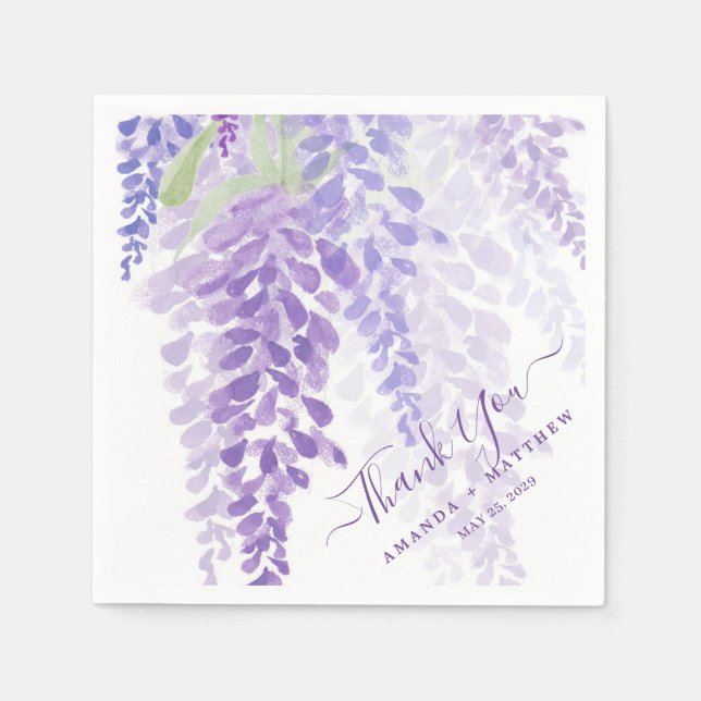 Lavender Purple Watercolor Wisteria Blooms Wedding Napkins (Front)