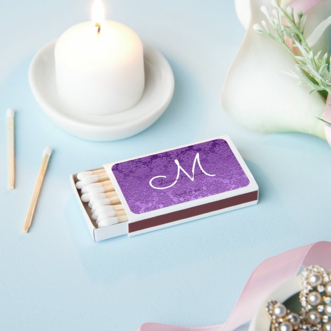 Lavender Purple White Elegant Wedding Monogram Matchboxes (Insitu)