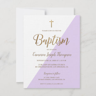 Lavender purple White Gold Modern Baptism Invitation