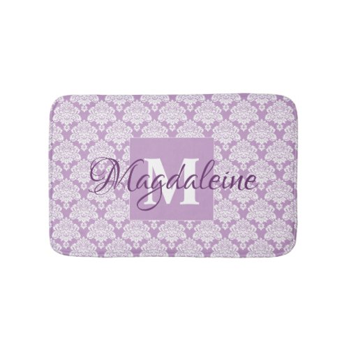 Lavender Purple White Lace Damask Name  Monogram Bath Mat