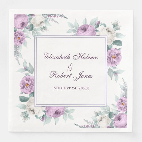Lavender Purple White Peonies Wedding Napkins