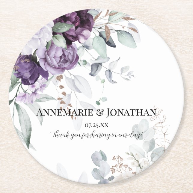 Lavender Purple White Rustic Florals Round Paper Coaster (Front)