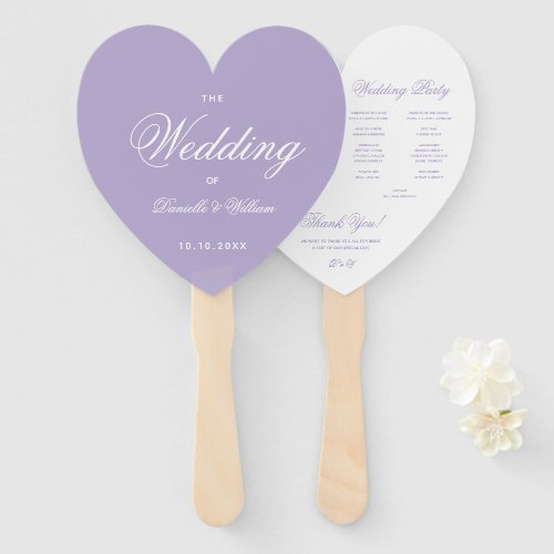 Lavender Purple White Script Heart Wedding Program Hand Fan