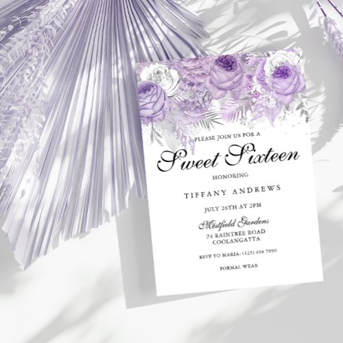 Lavender Purple White Silver Flowers Sweet 16 Invitation