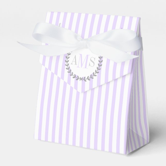 Lavender purple, white stripes monogram wedding favor boxes (Front Side)