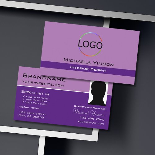 Lavender Purple with Logo and Photo Professional Business Card