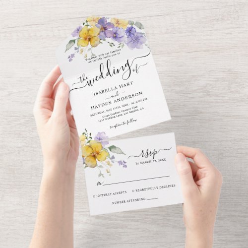 Lavender Purple Yellow Floral Golden Wedding RSVP All In One Invitation