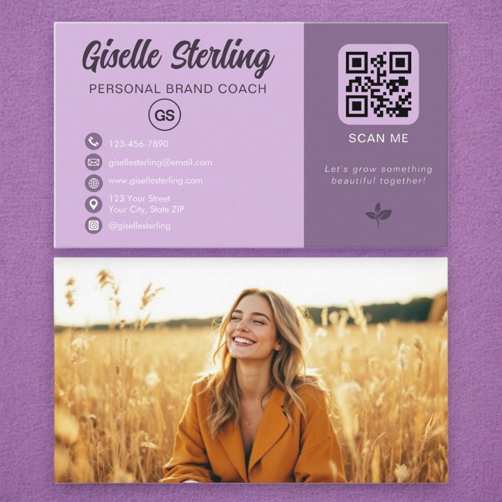 Lavender QR Code Photo Monogram Social Media Business Card