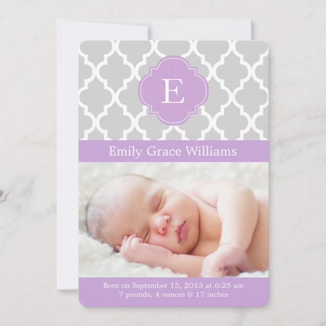 Lavender Quatrefoil Monogram Birth Announcements (Front)