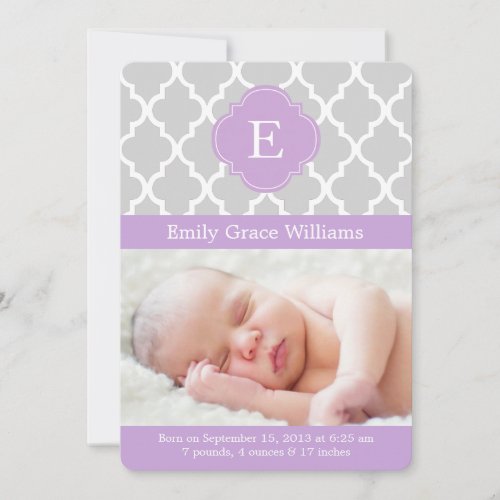 Lavender Quatrefoil Monogram Birth Announcements