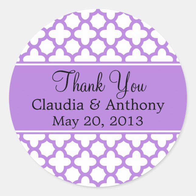 Lavender Quatrefoil Pattern Thank You Classic Round Sticker (Front)
