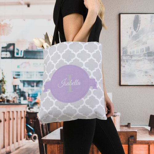 Lavender Quatrefoil Personalized Tote Bag