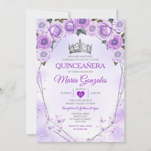 Lavender Quinceaera Crown 15 Anos Butterfly Invitation