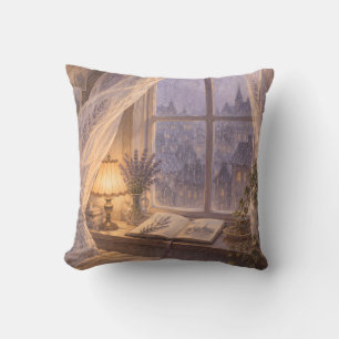 Lavender Rain Window Cozy Vintage Reading Nook Throw Pillow
