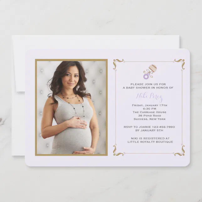 Lavender Rattle Photo Baby Shower Invitation | Zazzle