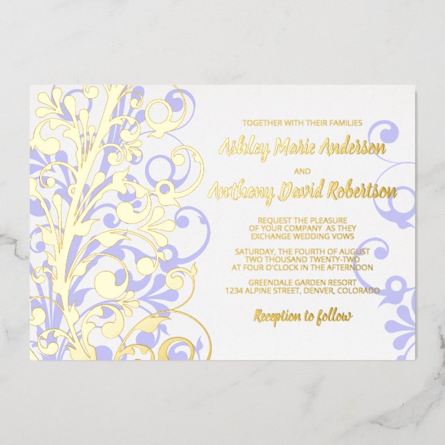 Lavender Real Gold Foil Floral Wedding Invitation (Front)