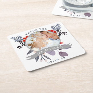 Lavender Red Blue Wildflower Bloom Wreath Wedding Square Paper Coaster