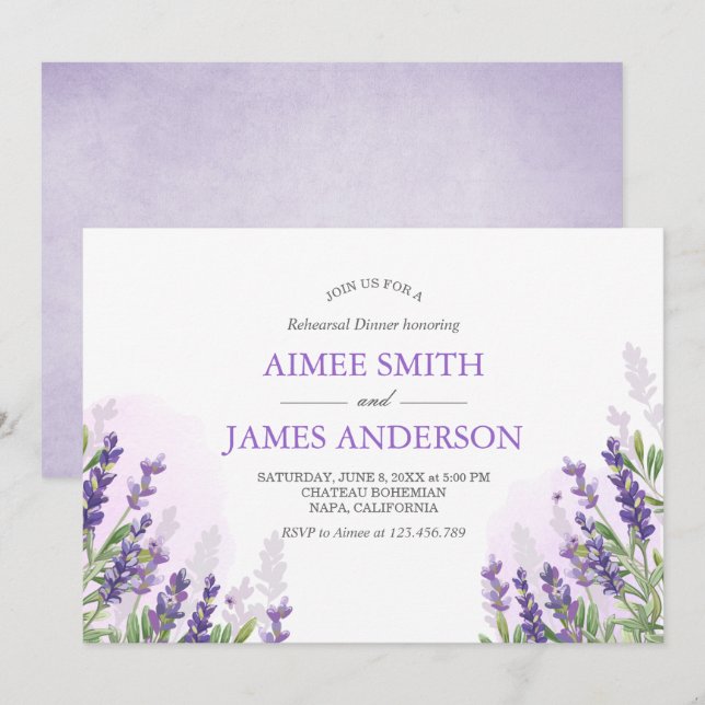 Lavender Rehearsal Dinner Invitation Rustic Purple (Front/Back)