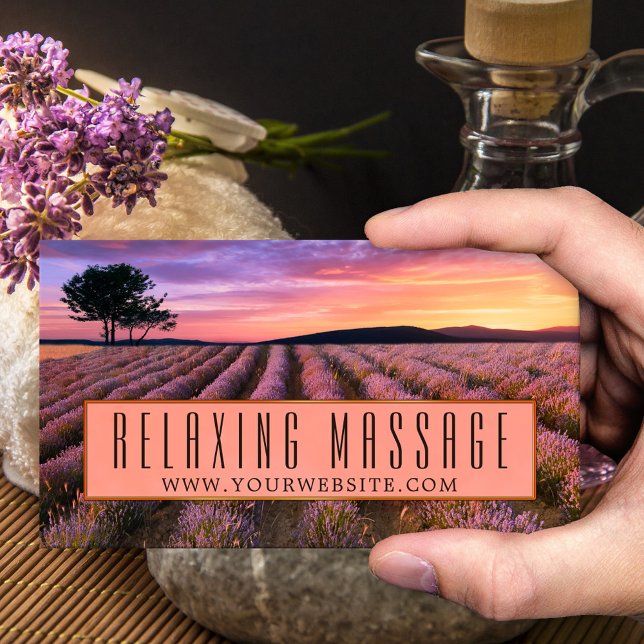 Lavender Relaxing Massage Therapist Business Card (Business card featuring an image of a lavender field at sunset. Beautiful for a massage therapist)