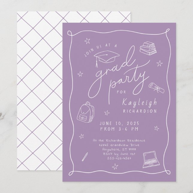 Lavender Retro Hand Drawn Grad Party Invitation (Front/Back)