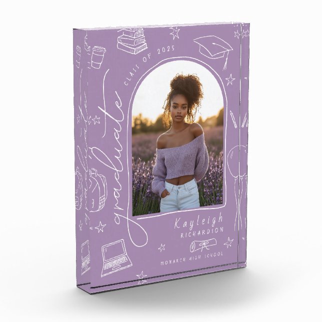 Lavender Retro Hand Drawn Graduation Photo Block (Left)