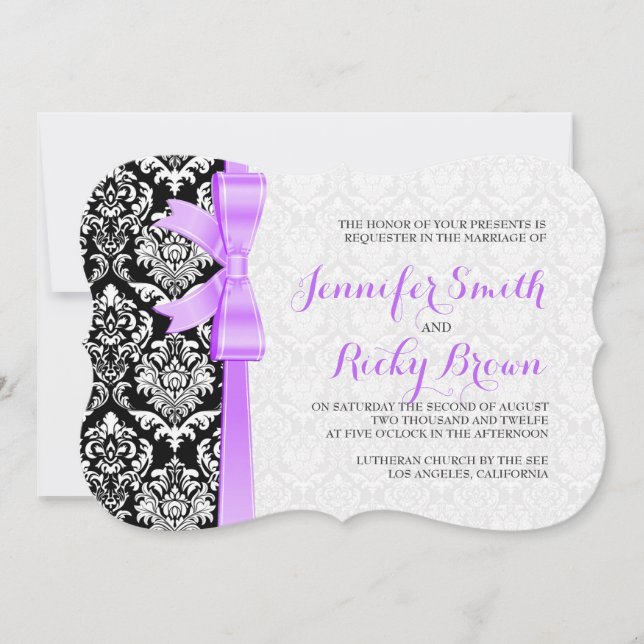 Lavender Ribbon Black And White Damasks Wedding Invitation (Front)