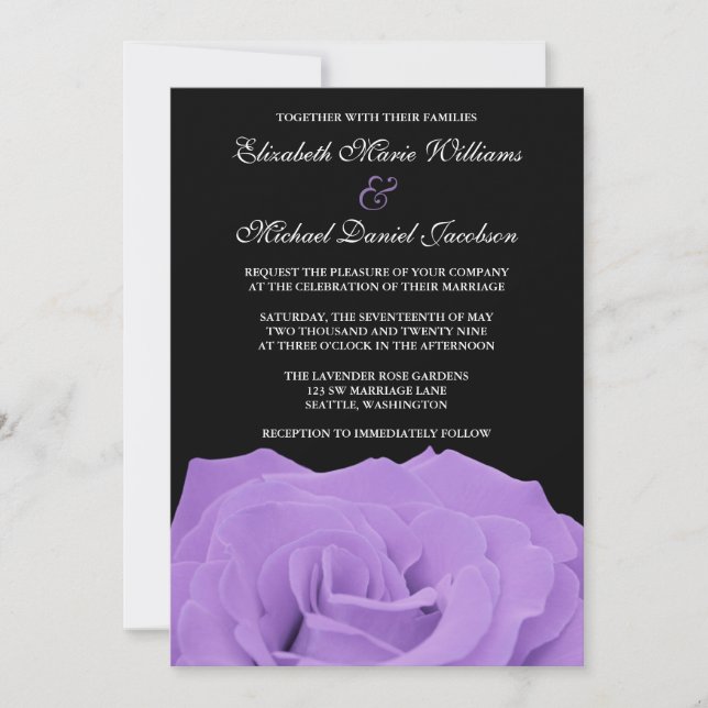 Lavender Rose and Black Wedding Invitation (Front)