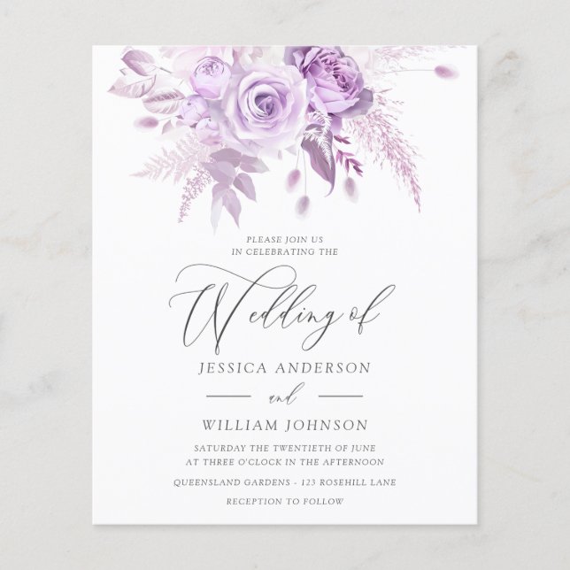 Lavender Rose Floral Budget Wedding Invitation (Front)