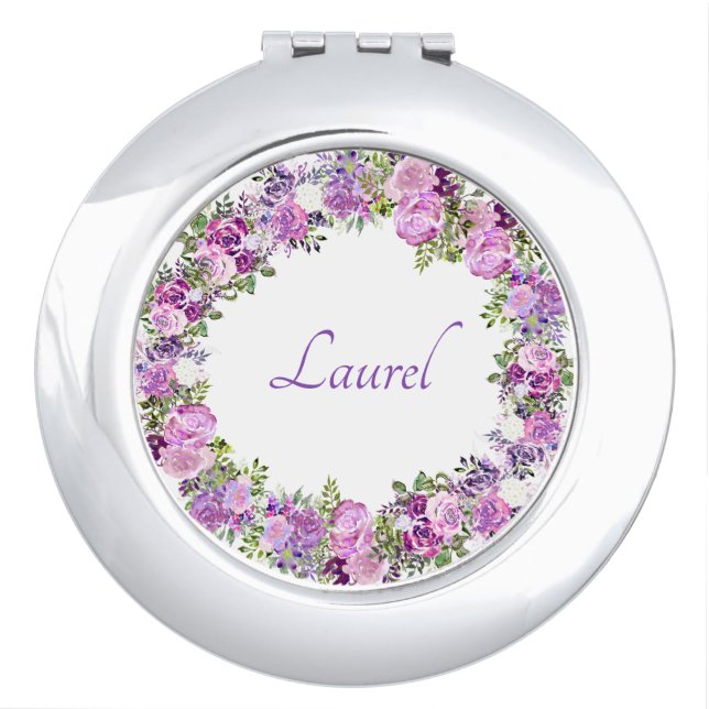 Lavender Rose Floral Monogrammed compact mirror (Front)