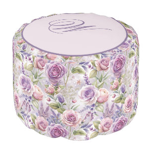 Lavender Rose Floral Round Pouf