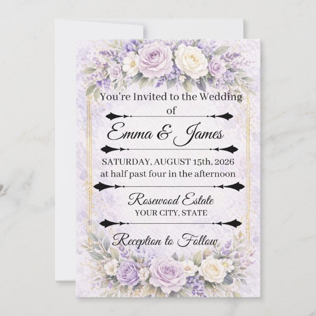 lavender Rose Floral wedding invitation (Front)