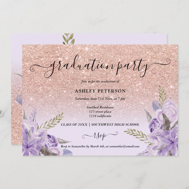 Lavender rose gold floral watercolor graduation invitation (Front/Back)