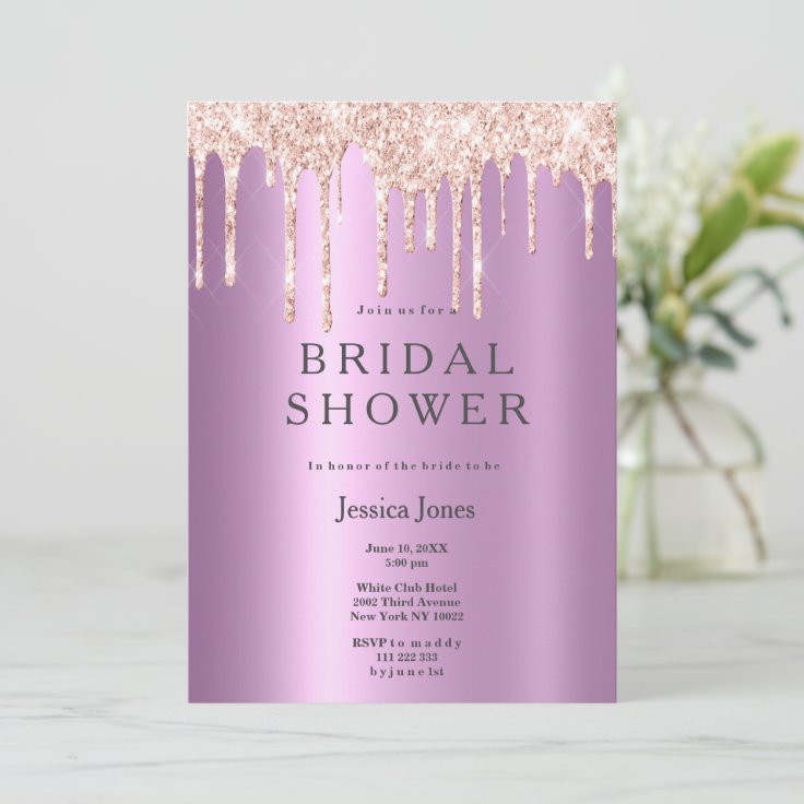 Lavender Rose Gold Glitter Drips Bridal Shower Invitation Zazzle 