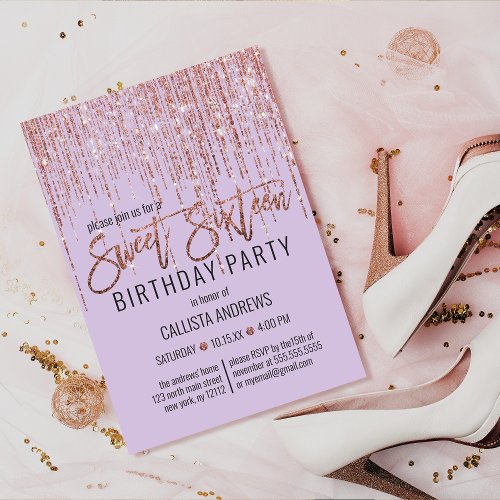 Lavender Rose Gold Glitter Fringe Curtain Sweet 16 Invitation