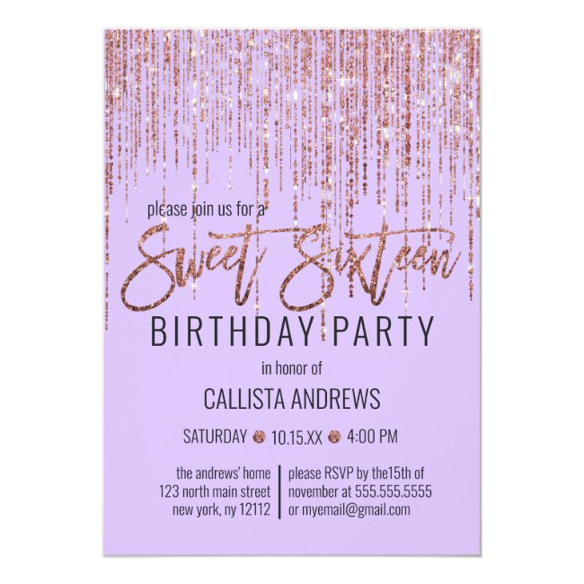 Lavender Rose Gold Glitter Fringe Curtain Sweet 16 Invitation